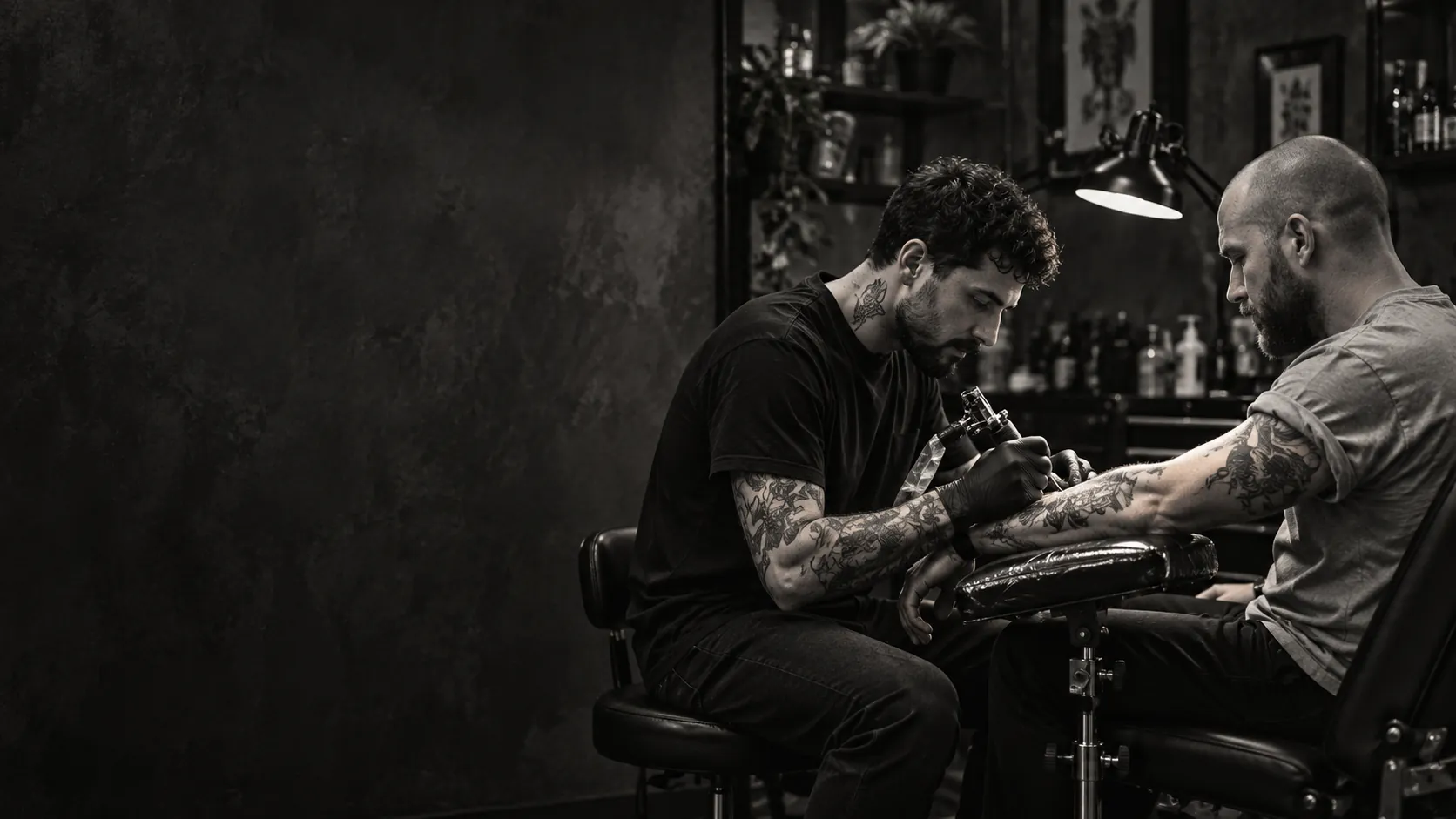 Tattoo artist working with a client in a monochrome studio